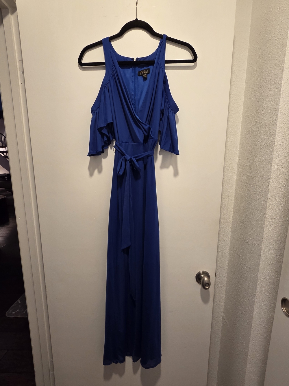 Blue Cold-Shoulder Wrap Maxi Dress